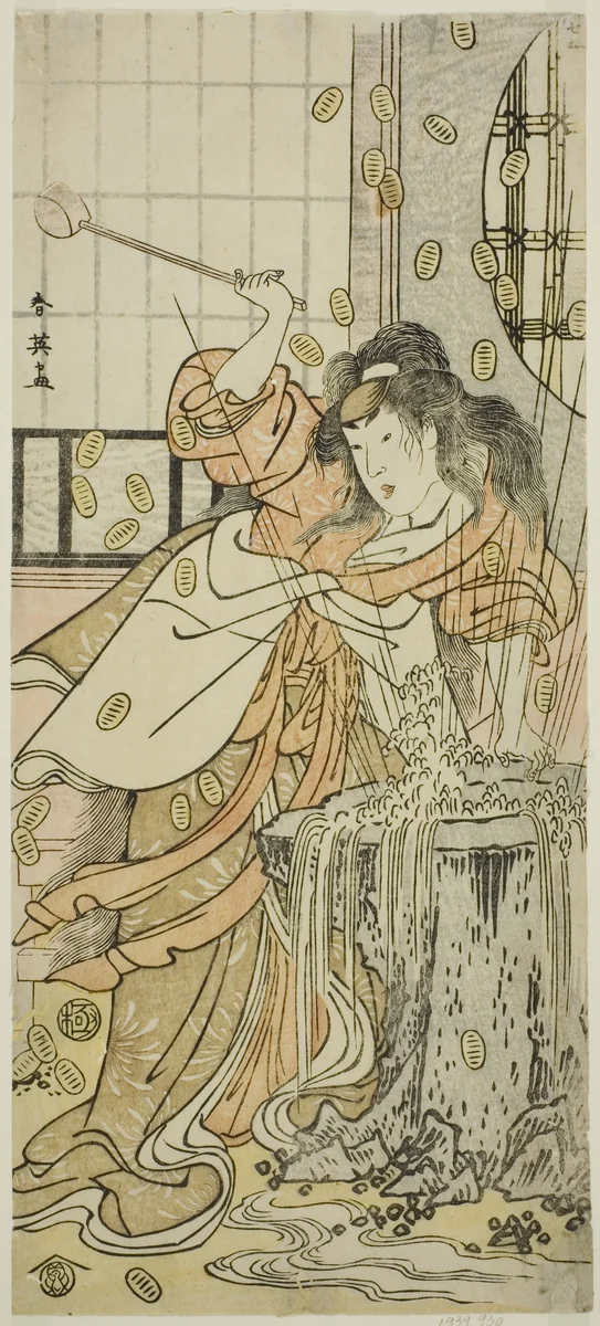 The Actor Segawa Kikunojo III as the Dragon Maiden Disguised as Osaku in the Play Sayo no Nakayama Hiiki no Tsurigane, Performed at the Nakamura Theater in the Eleventh Month, 1790 by Katsukawa Shun'ei (勝川春英), print, 1785-1795