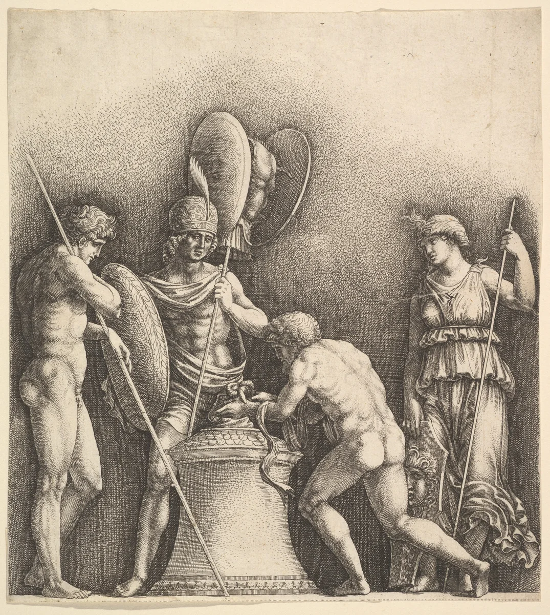Four classical figures (pagan sacrifice) by Wenceslaus Hollar, print, 1638