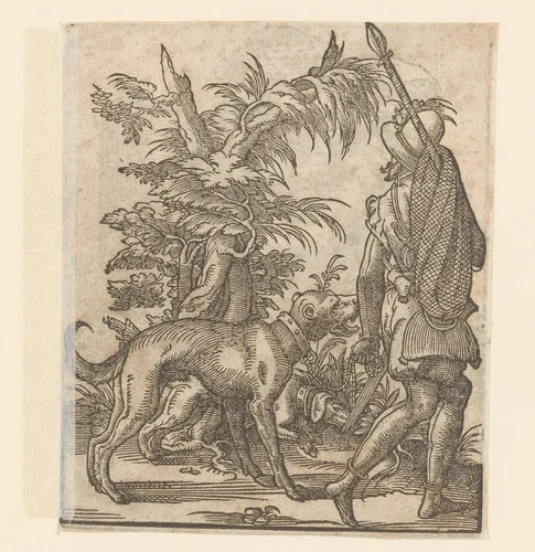 Jager met twee jachthonden by anonymous, print, 1580