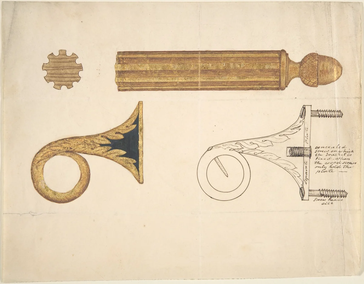 Design for a Bracket and Rod for Drapery by anonymous, drawing, 1800-1900