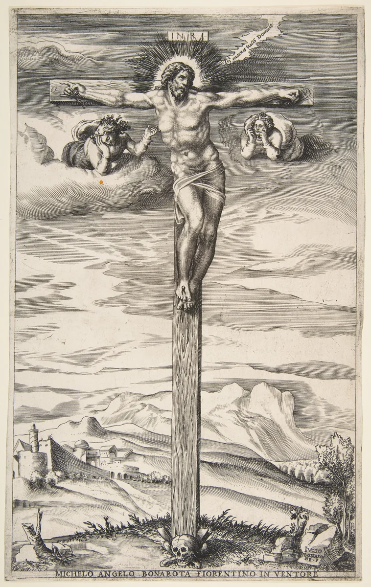 Crucifixion with Two Angels by Giulio Bonasone, print, 1535-1545