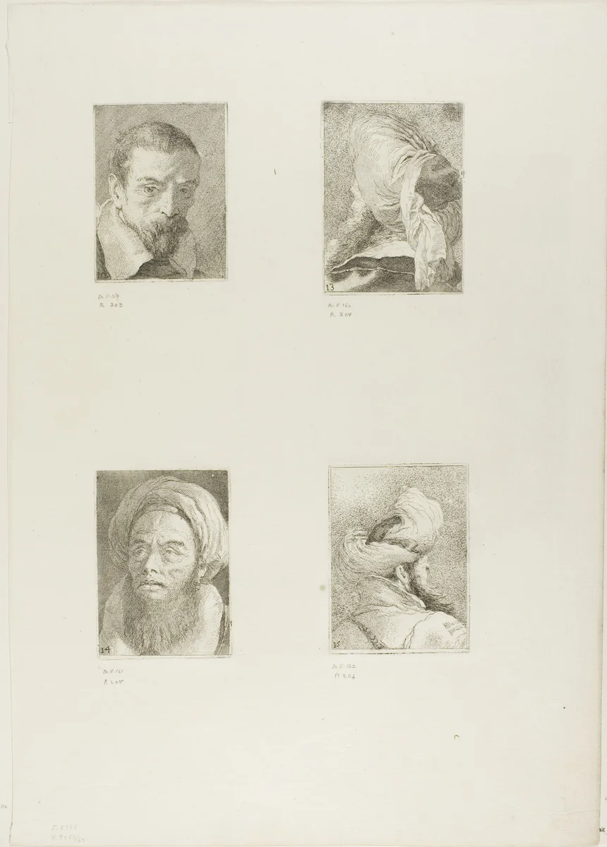 Old Man with a Beard and a Bare Head, Turk Seen from Behind, Turk with a Turban, Turk Seen from Behind by Giovanni Domenico Tiepolo, print, 1775