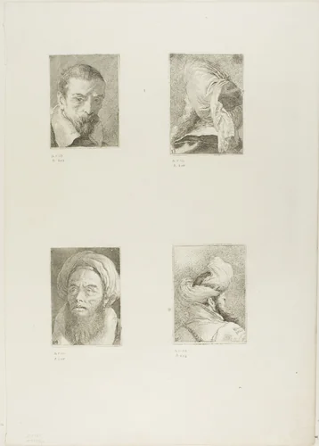 Old Man with a Beard and a Bare Head, Turk Seen from Behind, Turk with a Turban, Turk Seen from Behind by Giovanni Domenico Tiepolo, print, 1775