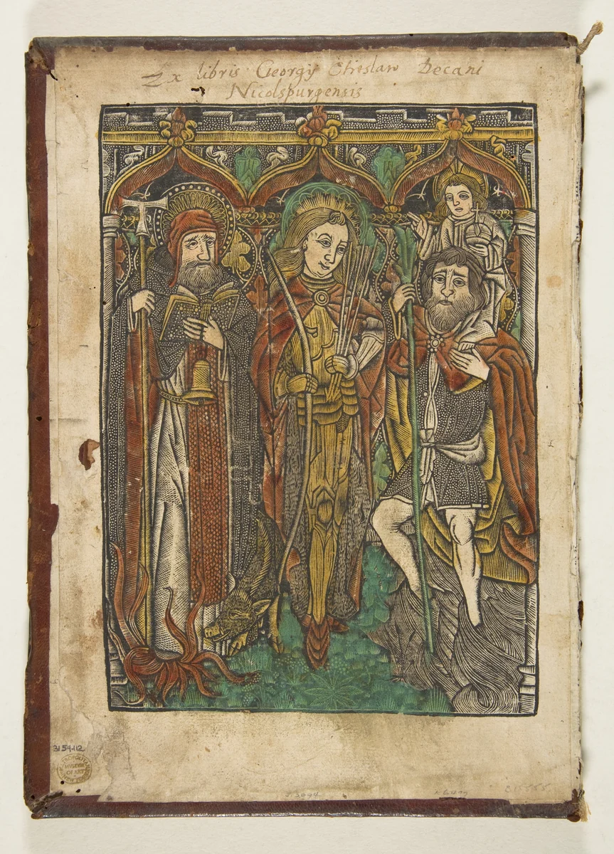 Saints Anthony, Sebastian and Christopher by anonymous, print, 1450-1500