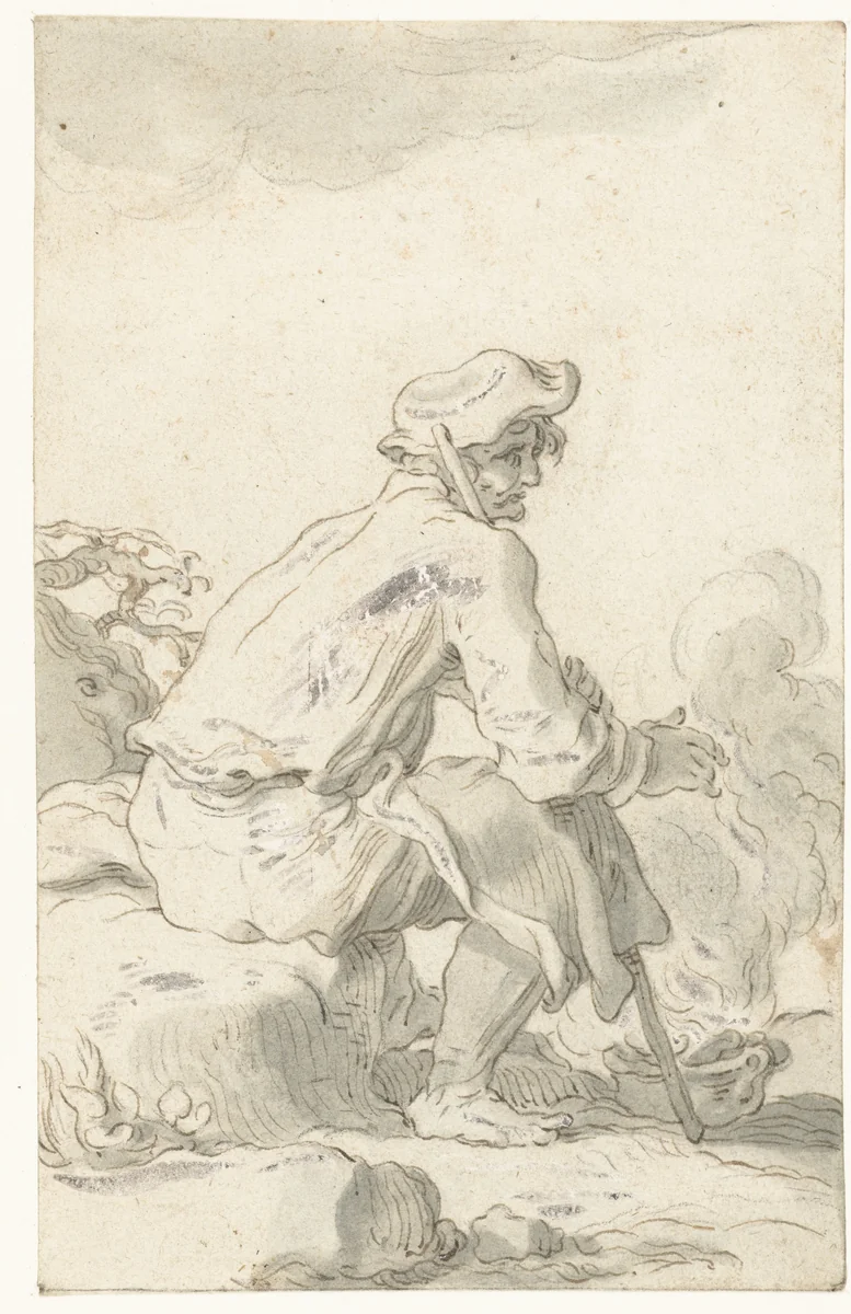 Zittende man bij een vuur by Abraham Bloemaert, drawing, 1574-1651