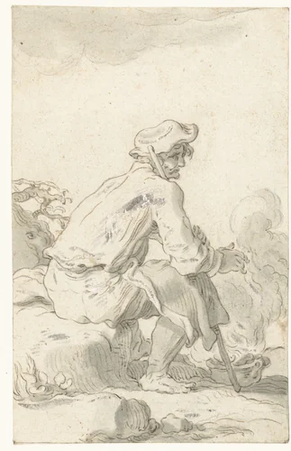 Zittende man bij een vuur by Abraham Bloemaert, drawing, 1574-1651