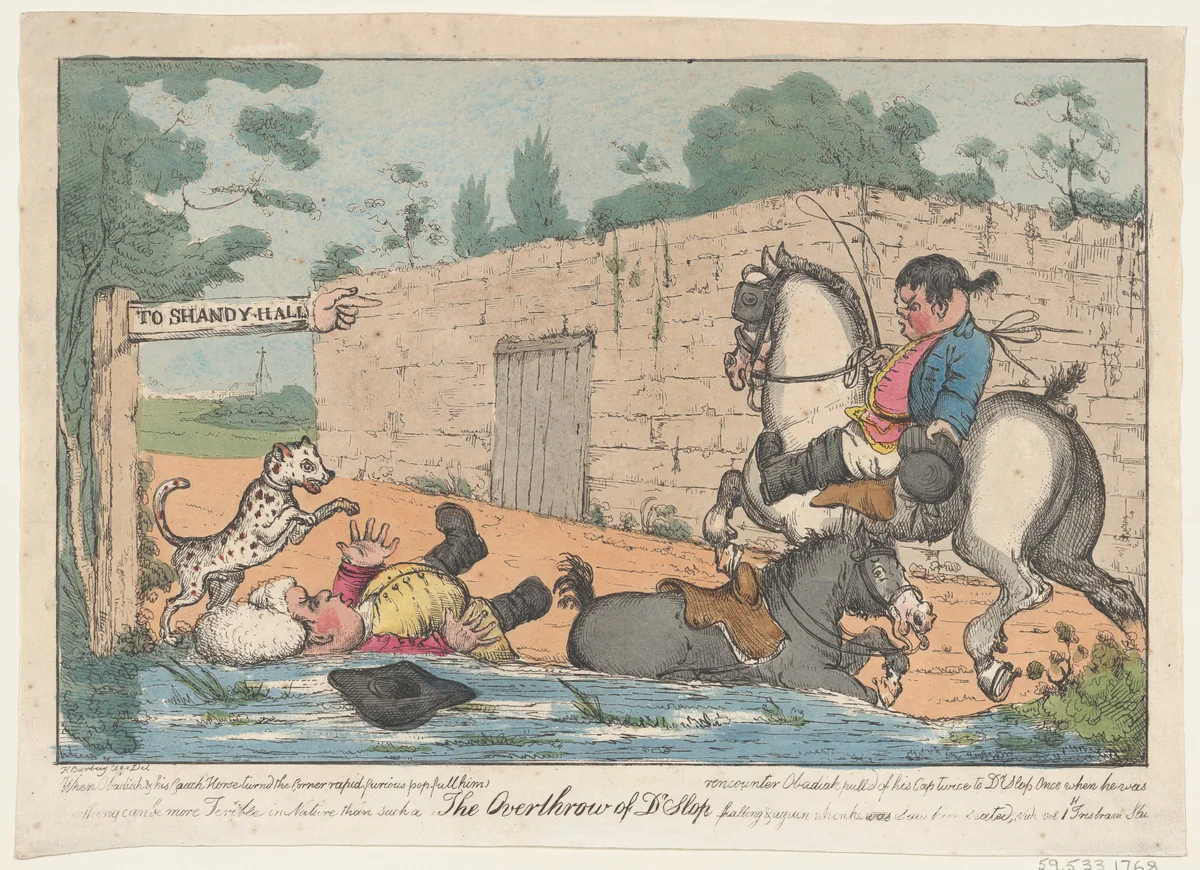 The Overthrow of Dr. Slop (Tristram Shandy) by Henry William Bunbury, print, 1800-1820