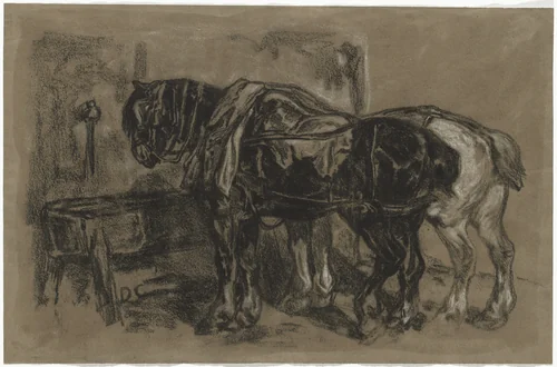 Two Draft Horses by Alexandre-Gabriel Decamps, drawing, 1830
