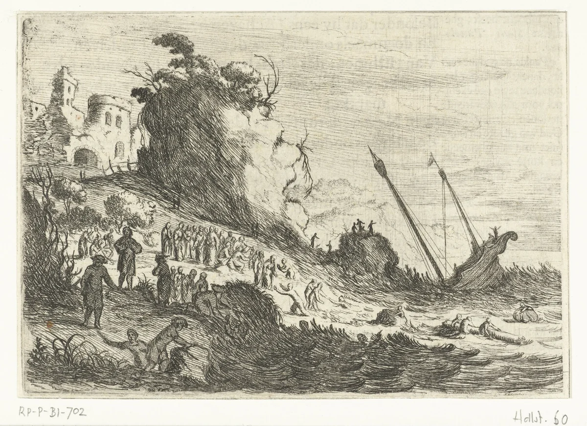 Schipbreuk van de apostel Paulus bij Malta by Willem Basse, print, 1632-1634