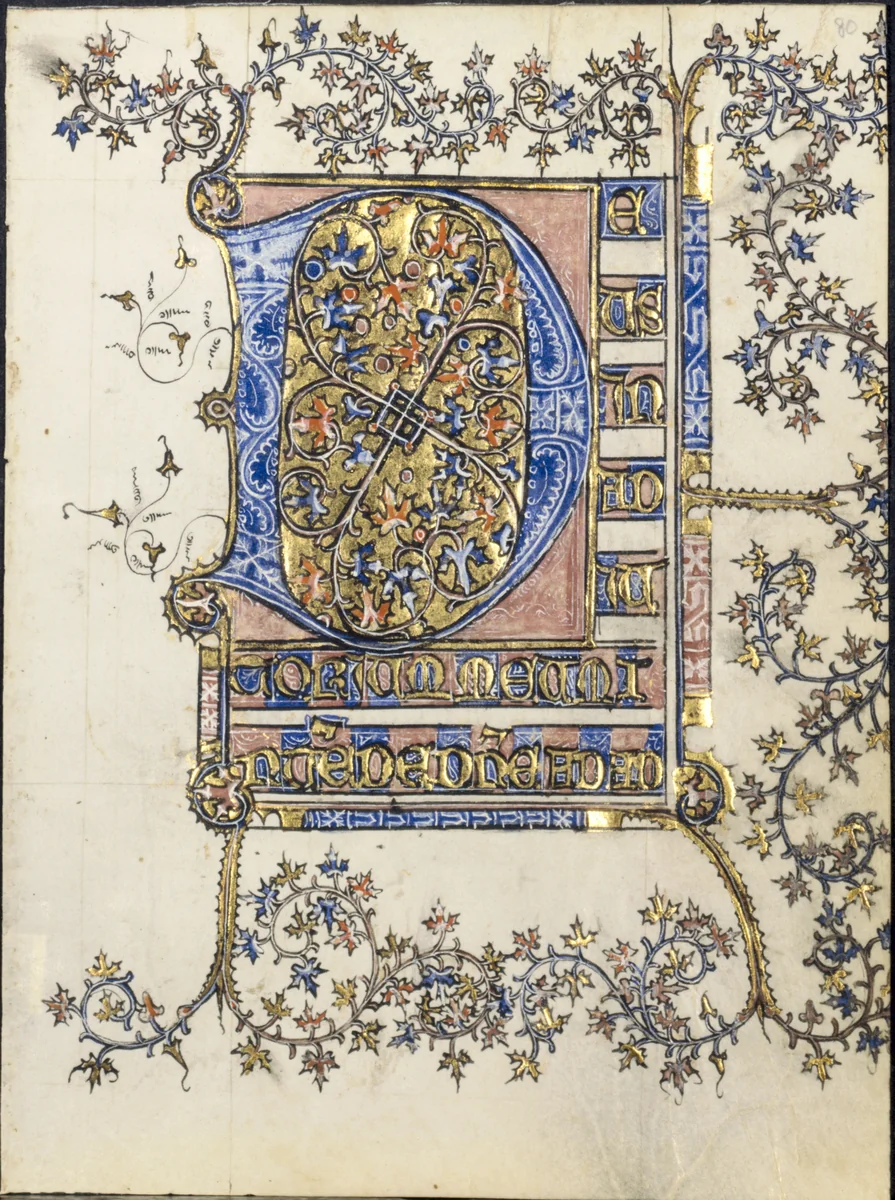 Leaf from a Book of Hours: Initial D by Unknown, manuscript, 1395-1405