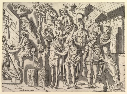 Roman Horsemen, from Trajan's Column, from "Speculum Romanae Magnificentiae" by Marco Dente, print, 1515-1527