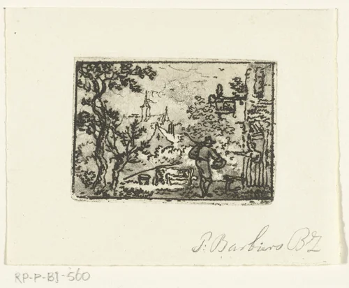 Landschap met reiziger bij herberg by Pieter Bartholomeusz. Barbiers, print, 1782-1837