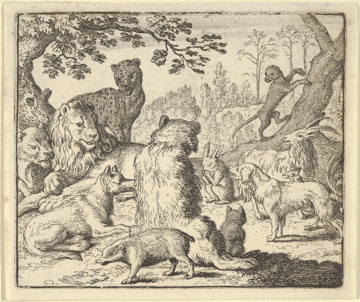 The Lion Orders All the Animals to Follow Him to Renard's Burrow from Hendrick van Alcmar's Renard The Fox by Allart van Everdingen, print, 1650-1675