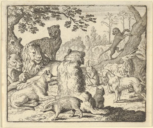 The Lion Orders All the Animals to Follow Him to Renard's Burrow from Hendrick van Alcmar's Renard The Fox by Allart van Everdingen, print, 1650-1675