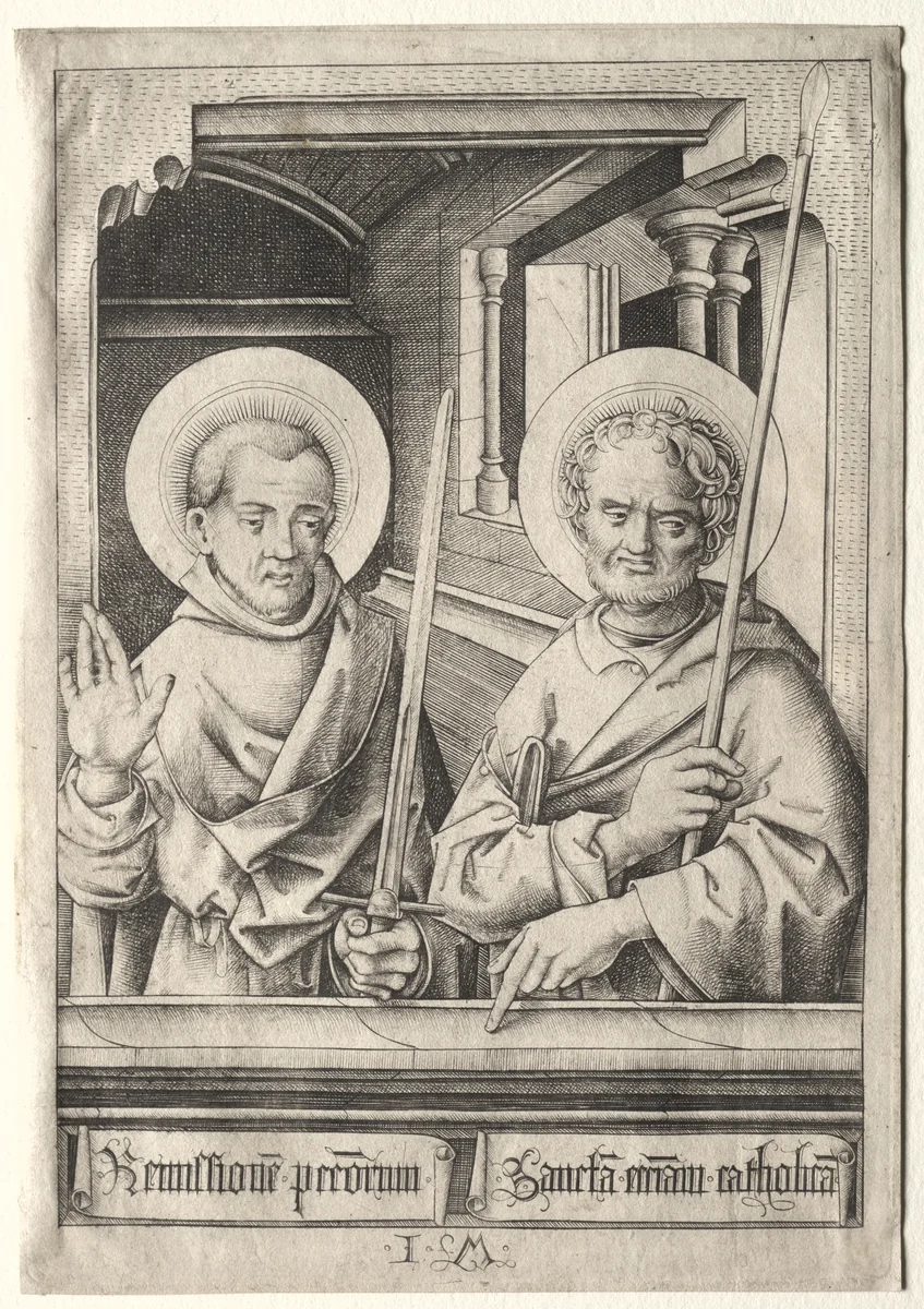 The Twelve Apostles: Saint Simon (?) and Saint Matthew by Israhel van Meckenem, print, 1480-1500
