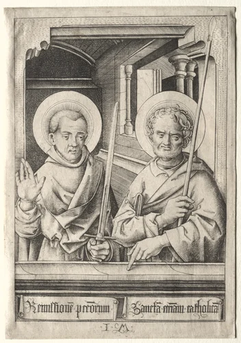 The Twelve Apostles: Saint Simon (?) and Saint Matthew by Israhel van Meckenem, print, 1480-1500
