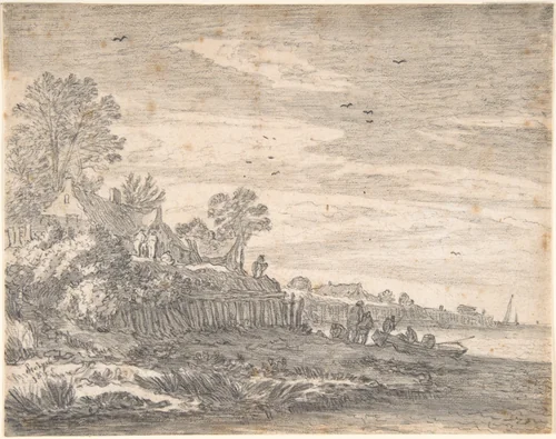 Village on an estuary, with a rowing boat on the shore by Pieter de Molijn, drawing, 1605-1661