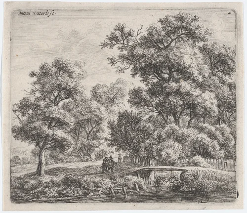 A Man and a Woman Near a Small Bridge (L'Homme et la Femme Près du Petit Pont) by Anthonie Waterloo, print, 1620-1690