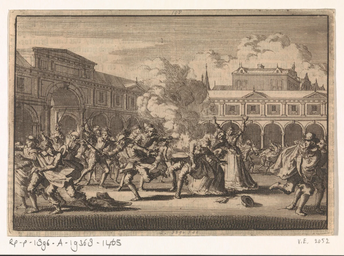 Mannen uit het gevolg van de Portugese gezant te Londen schieten op de beurs Harcourt Greenway overhoop, 1653 by Jan Luyken, print, 1698