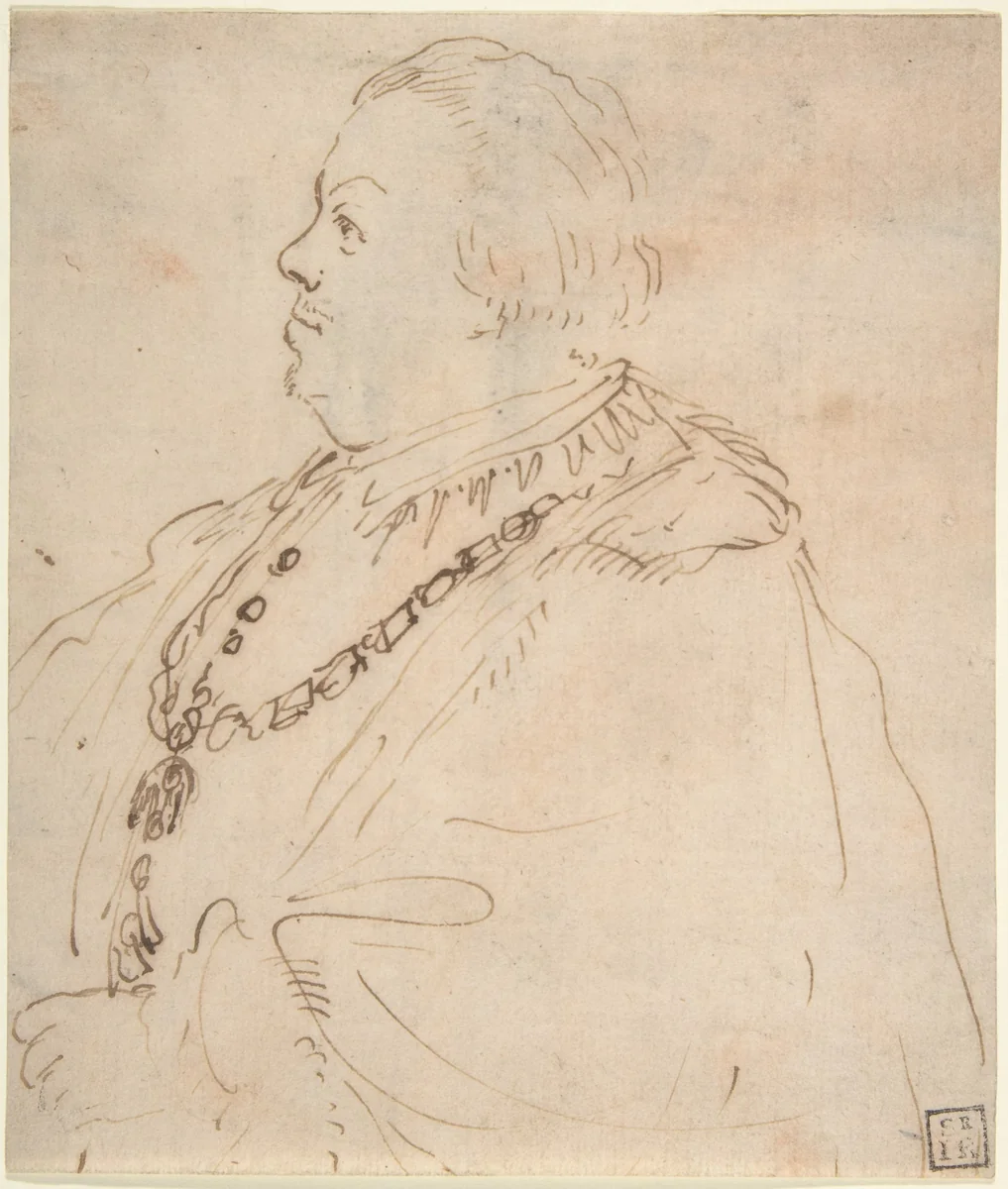 Waist-Length Portrait of a Man Wearing the Order of the Golden Fleece, in Profile Facing Left by Guercino, drawing, 1620-1629