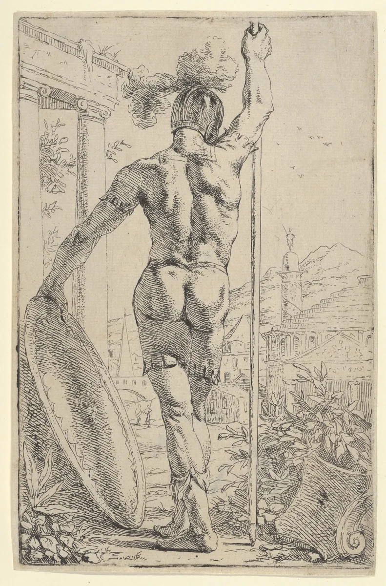 A Roman Warrior with Shield and Spear by Leendert van der Cooghen, print, 1666
