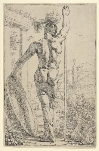 A Roman Warrior with Shield and Spear by Leendert van der Cooghen, print, 1666