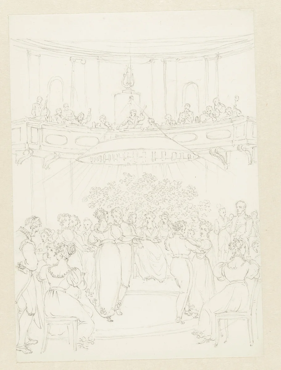Balzaal met dansende paren en een orkest by Pieter Bartholomeusz. Barbiers, drawing, 1782-1837