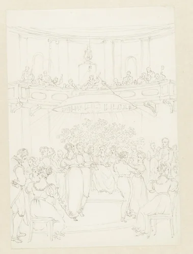 Balzaal met dansende paren en een orkest by Pieter Bartholomeusz. Barbiers, drawing, 1782-1837