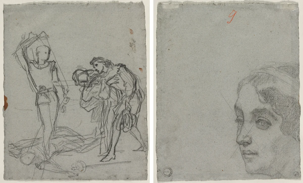 Duel after the Masked Ball (recto); Head of a Woman (verso) by Thomas Couture, drawing, 1852-1859