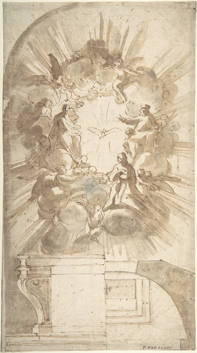 Design for an Altar with a Celestial Subject Above by anonymous, drawing, 1500-1600