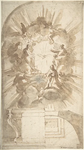Design for an Altar with a Celestial Subject Above by anonymous, drawing, 1500-1600