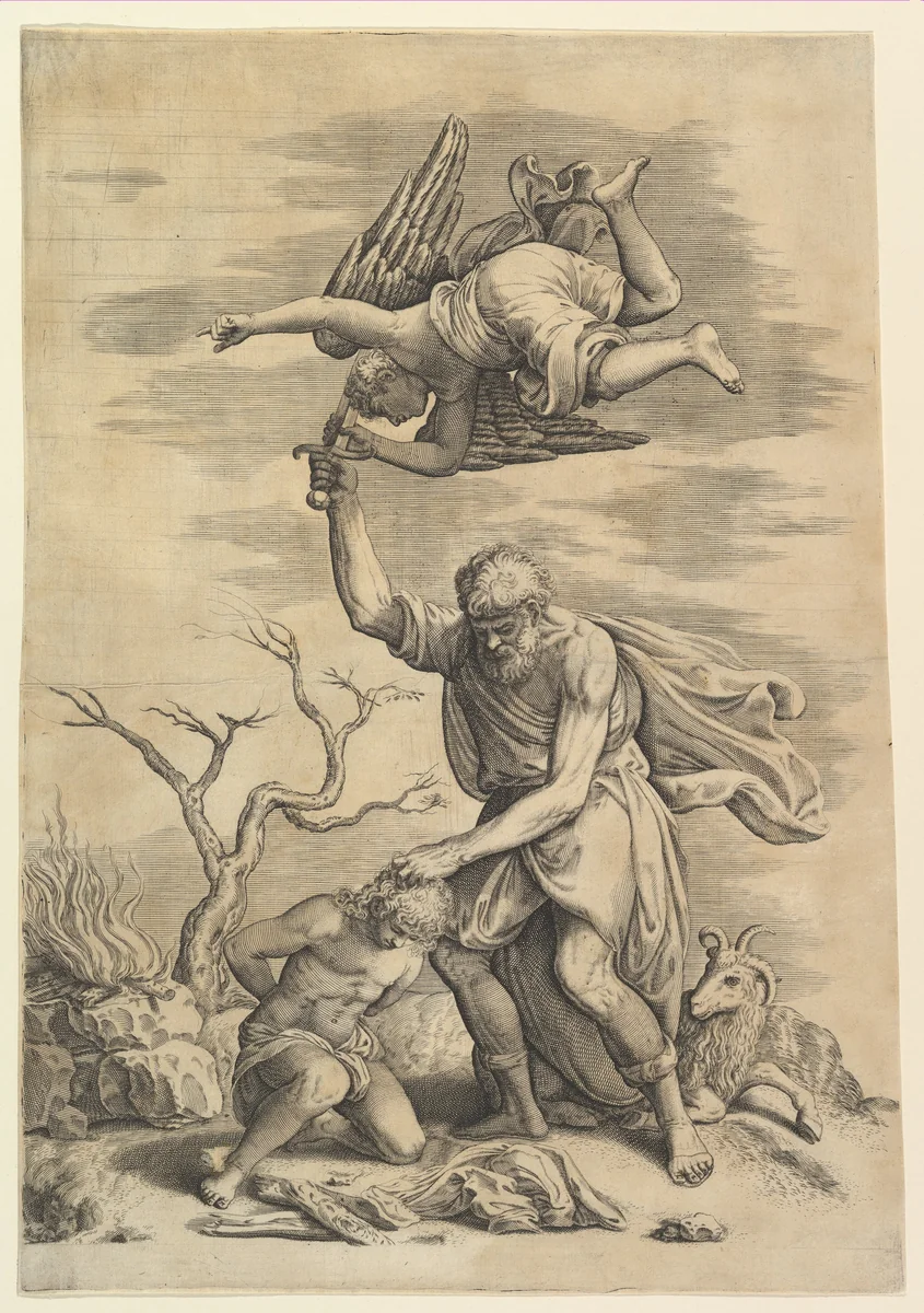 The sacrifice of Abraham who needs before Isaac who raises his sword to strike him by Battista Franco, print, 1535-1545