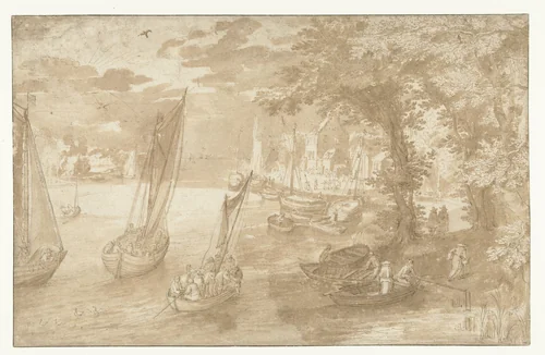 Rivierlandschap met rechts een aanlegplaats by anonymous, drawing, 1578-1675