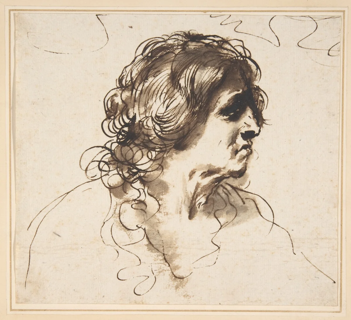 Bust of a Man Facing Right by Guercino, drawing, 1591-1666