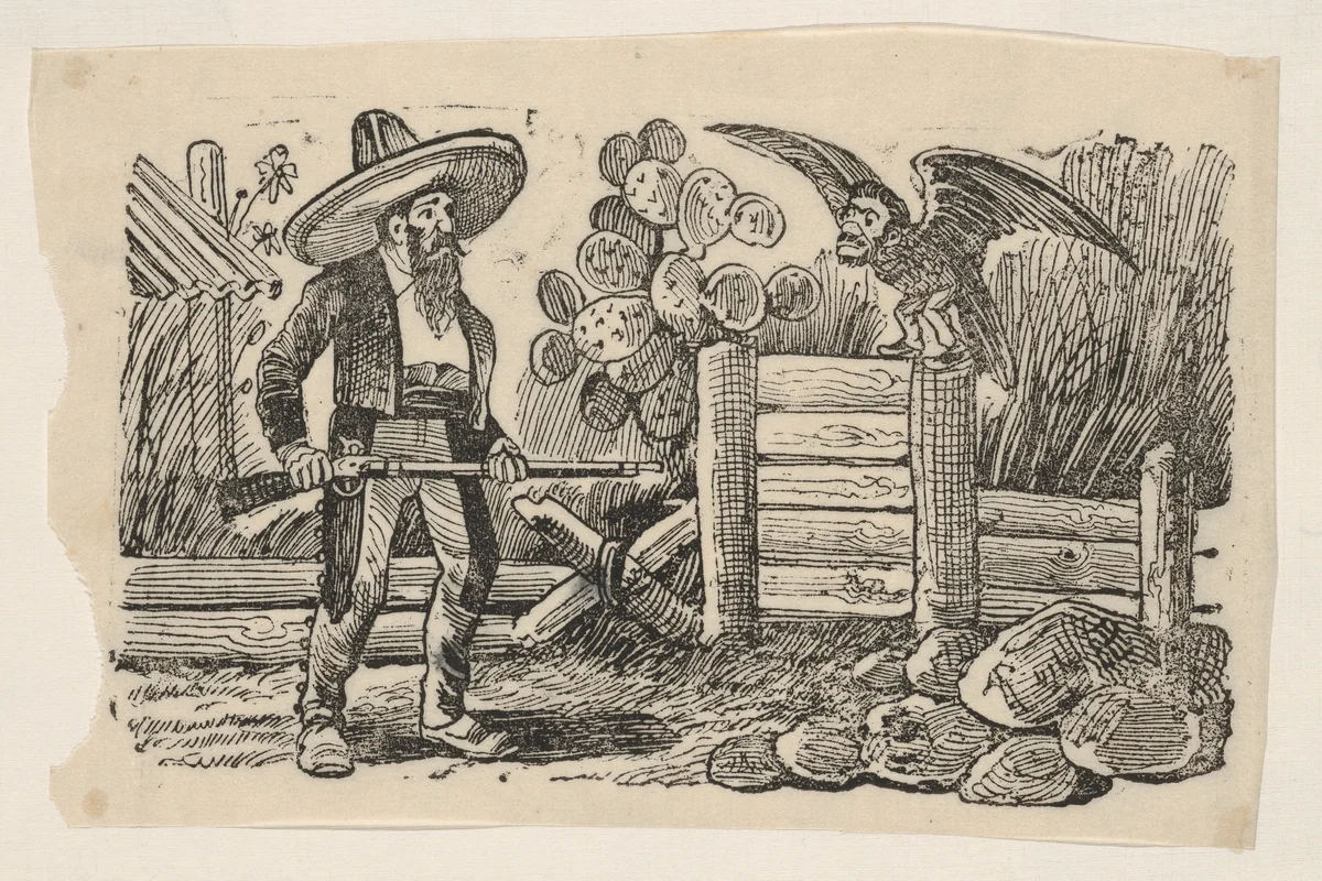 The Sorcerer, a man with a gun confronting a bird with the face of a man by José Guadalupe Posada, print, 1895-1910