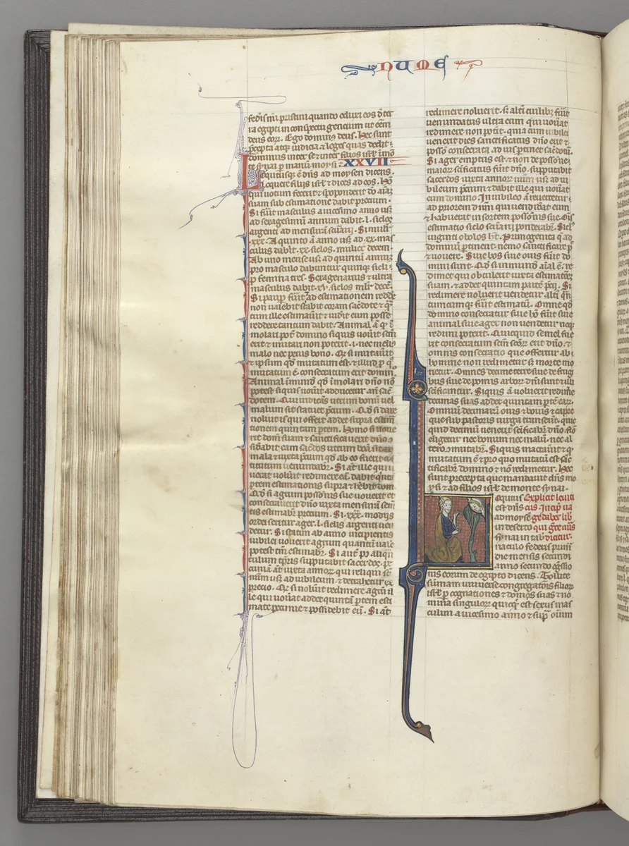 Fol. 46v, Numbers, historiated initial L, Moses with horns, kneeling before God by Unknown, book, 1270-1300