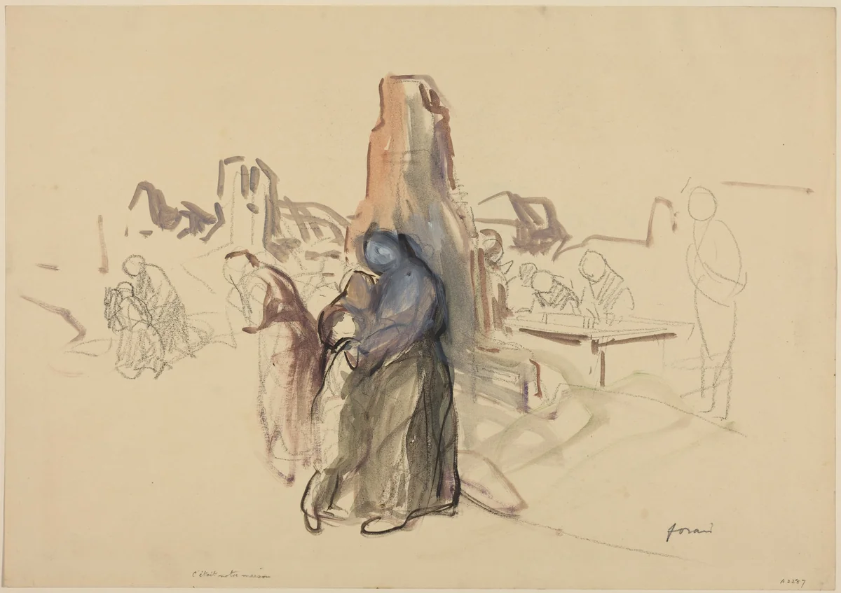 a) C'etait notre maison (recto); b) Refugees in a Landscape (verso) by Jean-Louis Forain, drawing, 1914-1919