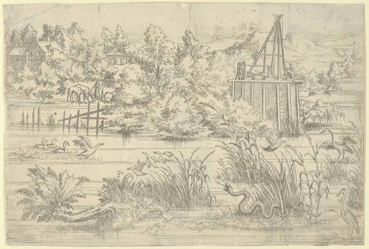 Riverbank with Serpent by Léon Davent, print, 1540-1556