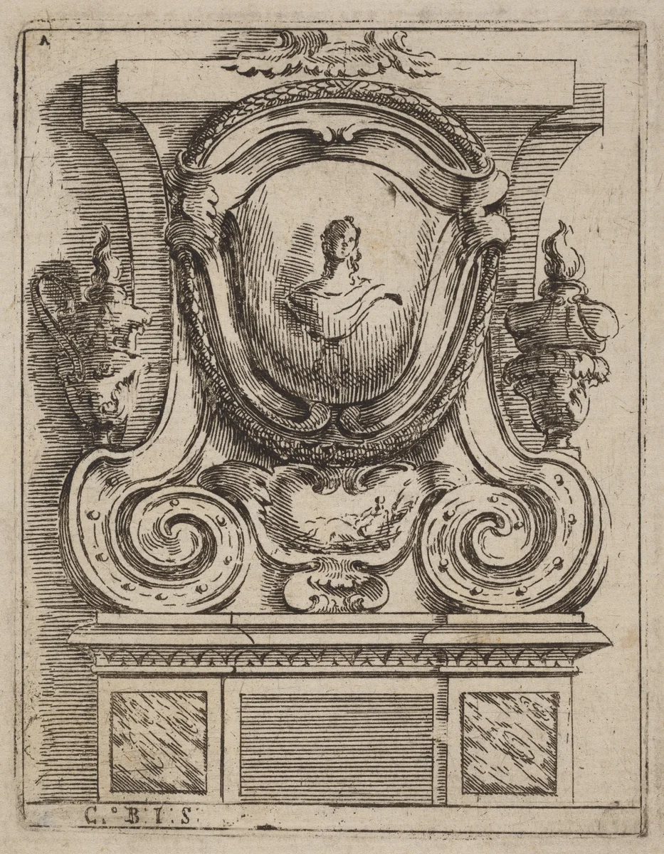 Architectural Motif with Bust and Two Lamps by Carlo Antonio Buffagnotti, print, 1690
