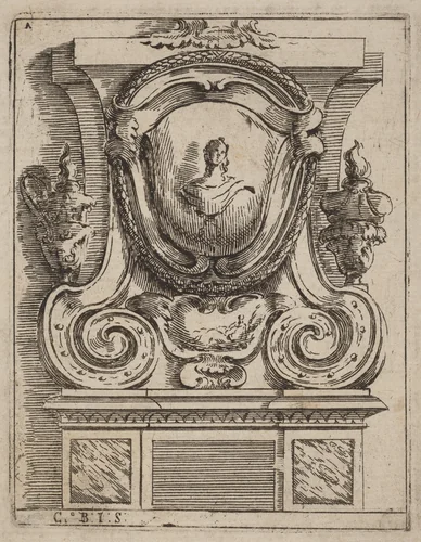 Architectural Motif with Bust and Two Lamps by Carlo Antonio Buffagnotti, print, 1690