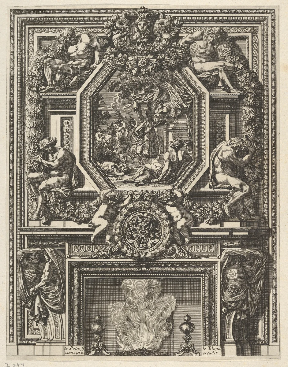 Chimney with a Bacchanal over the Mantle from 'Grandes Cheminée' by Jean Le Pautre, print, 1644-1666