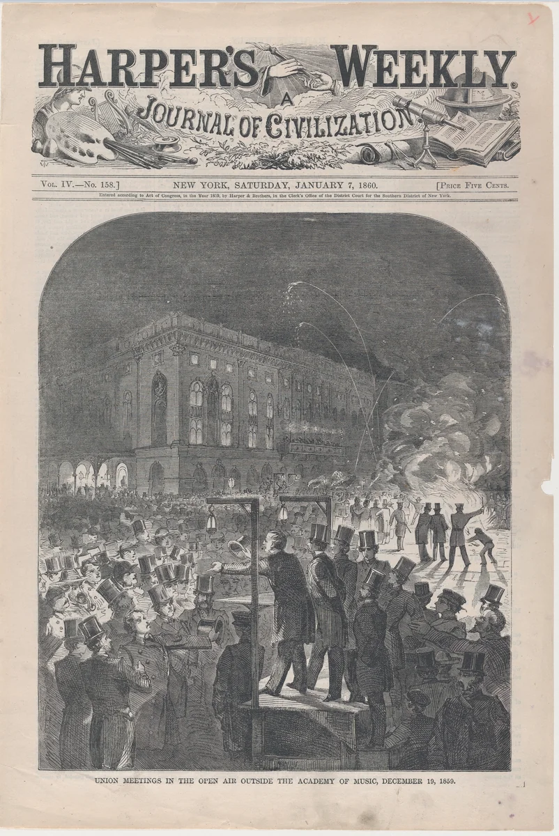 Union Meetings in the Open Air Outside the Academy of Music, December 19, 1859 (from "Harper's Weekly," Vol. III) by Winslow Homer, print, 1860