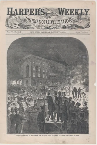 Union Meetings in the Open Air Outside the Academy of Music, December 19, 1859 (from "Harper's Weekly," Vol. III) by Winslow Homer, print, 1860