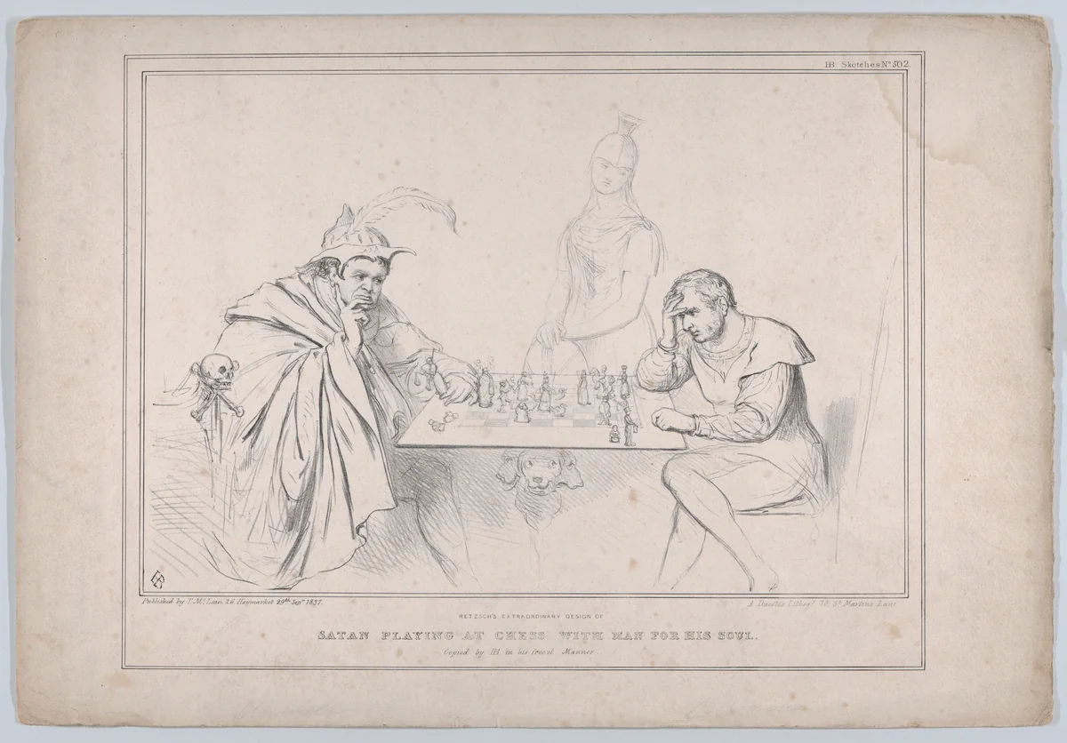 Retzsch's Extraordinary Design of Satan Playing at Chess with Man for his Soul by John Doyle, print, 1837