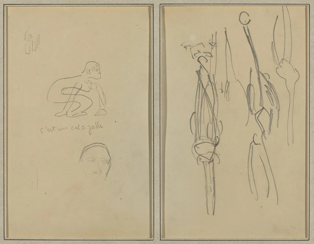 Crouching Monkey and Man's Head; Bones and Muscles [verso] by Paul Gauguin, drawing, 1884-1888