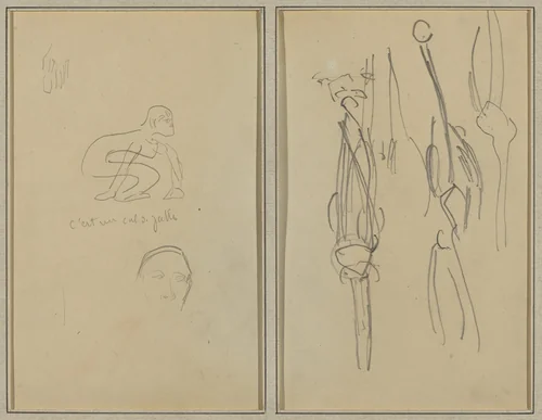 Crouching Monkey and Man's Head; Bones and Muscles [verso] by Paul Gauguin, drawing, 1884-1888