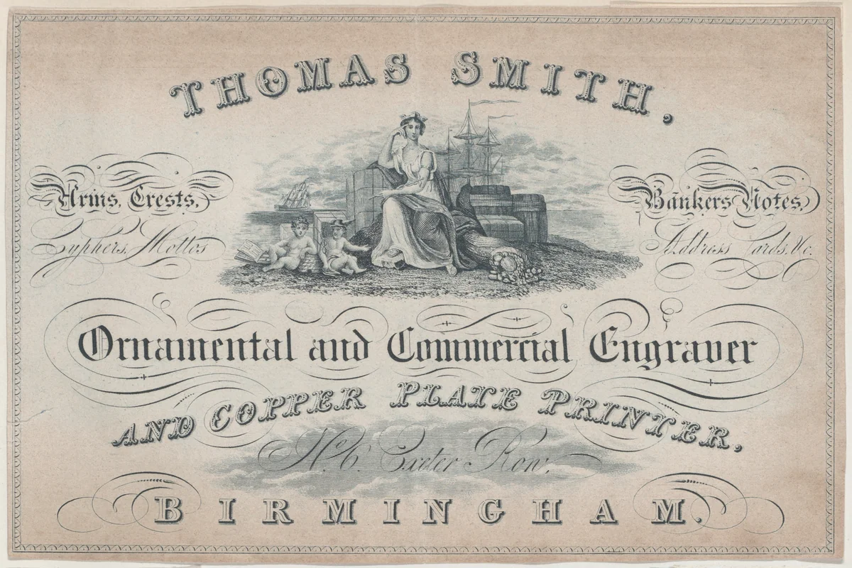 Trade Card for Thomas Smith, Engraver and Printer by anonymous, print, 1800-1900