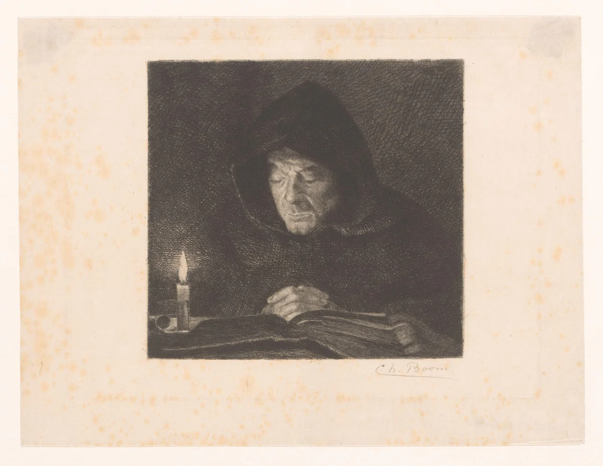 Biddende monnik met open boek en kaars voor zich by Charles Boom, print, 1890