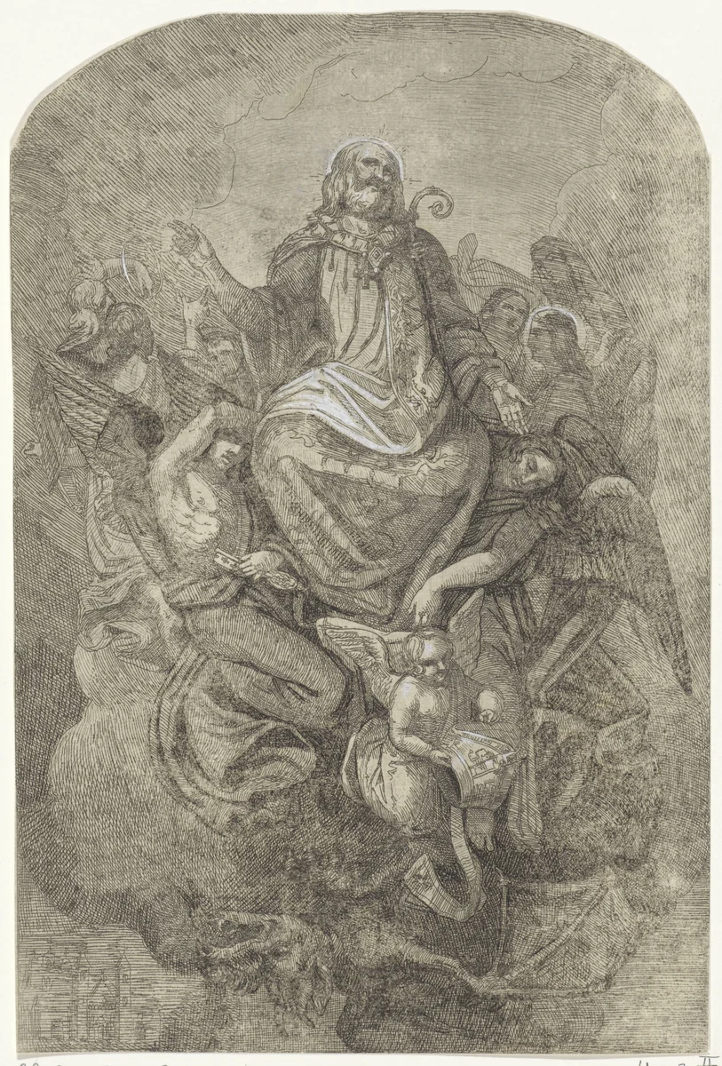 Heilige Servatius van Maastricht door engelen ten hemel gedragen by Theodoor Schaepkens, print, 1837