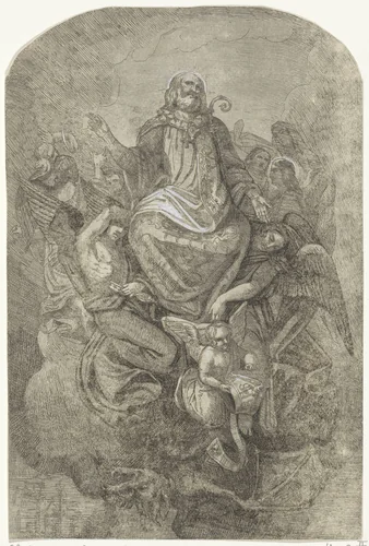 Heilige Servatius van Maastricht door engelen ten hemel gedragen by Theodoor Schaepkens, print, 1837